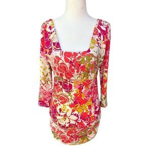 CaBI Floral Top #308 Red Olive Green Orange Cream Ruching Size Medium